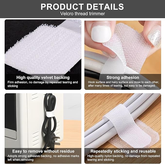 50-Pack Reusable Self-Adhesive Cable Ties Cable Management Adjustable Hook & Loop Straps for Organizing Data Cables, Wires, Headphones Under-Table Cord Management for Home, Office
