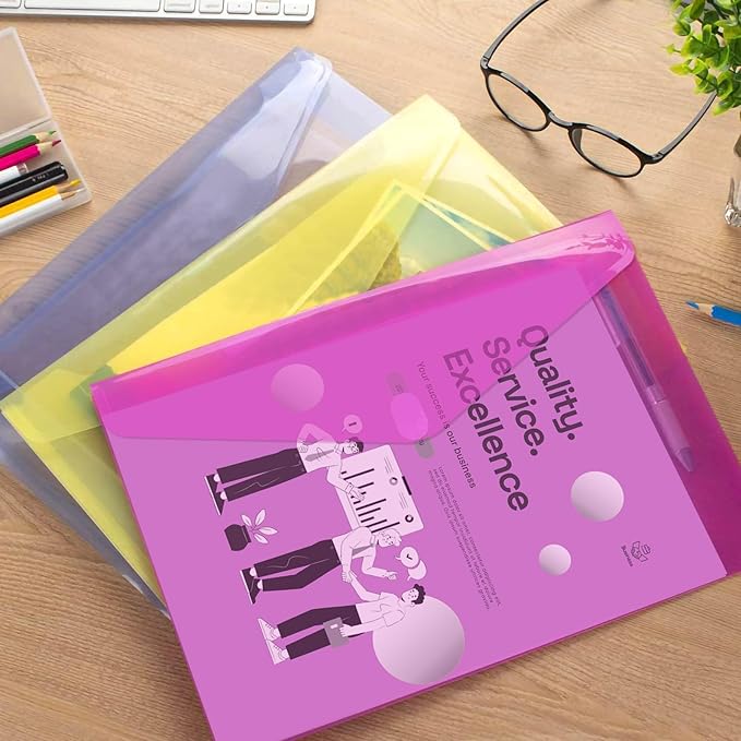 Sooez 6 Pack Plastic Envelopes, Plastic File Folders for Documents, Clear School Folder, Colored File Folders Letter A4 Size, Waterproof Poly Envelopes with Closure, 6 Color
