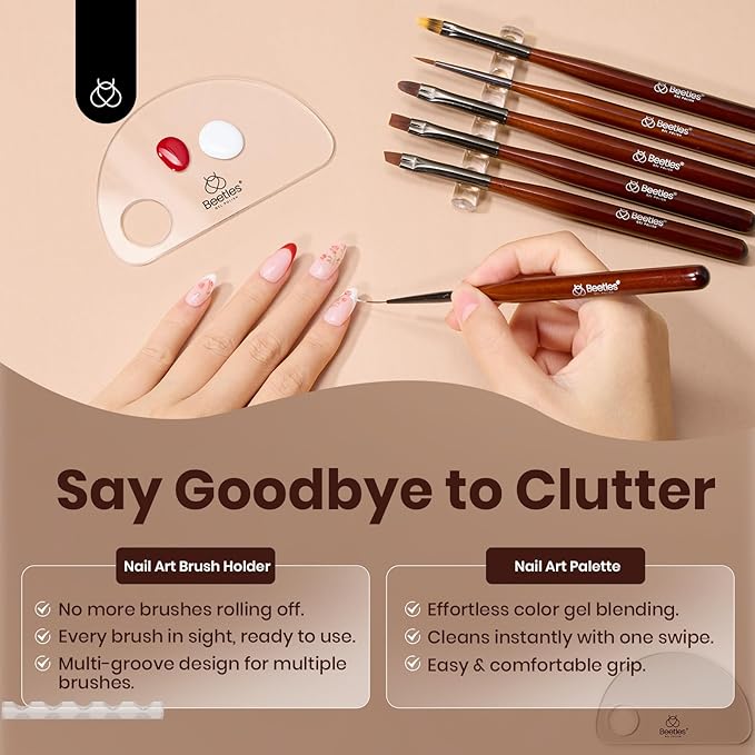 Beetles Gel Polish Nail Art Brushes, 6 Pcs Fingernail Art Design Pens, Nail Art Tools, Wood Alloy Handle Nail Brushes, Clean Up Liner French Set with Holder&Palette DIY Valentine's Day Gift for Women