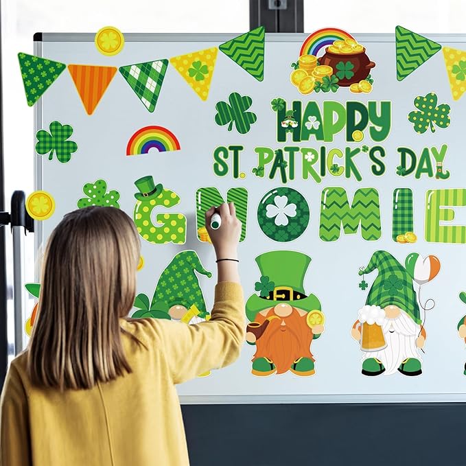 Pasimy St. Patrick's Day Bulletin Board Decorations Set Shamrocks Gold Coin 3D Rainbow Paper Cutouts Lucky Clover Bulletin Board Borders for Green Irish Holiday School Home Wall Decor(Gnome)