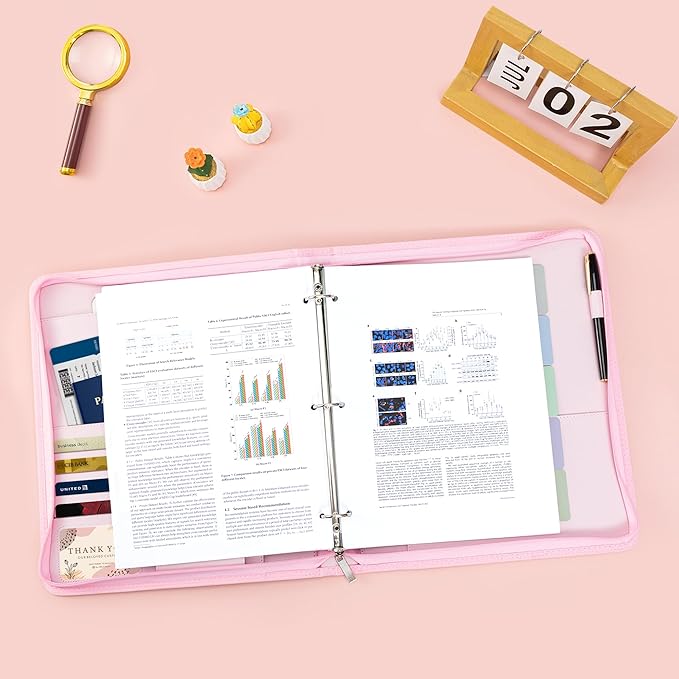 EYROZILL Zippered Leather 3 Ring Binder Organizer with Pockets – Business Portfolio Folder with Card Slots, Phone Holder, Pen Loop (Pink)