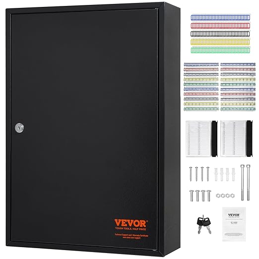 VEVOR 200-Key Cabinet, Key Lock Box with Adjustable Racks, Security Key Storage Box Steel, Key Organizer with 200 Colorful Key Tags and 4 Record Cards for School, Office, Hotel