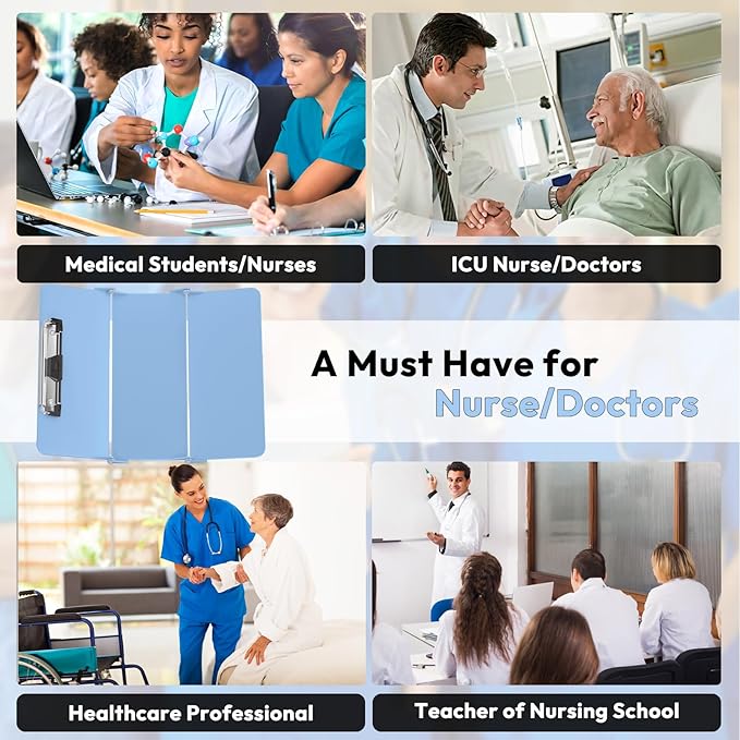 Nursing Clipboard Foldable, Foldable Clipboard w/Nursing Edition Cheat Charts,3 Layers Aluminum, Nurse Clip Board w/Low Profile Clip&Pen Clip Pocket for Nurses and Doctors,Light Blue