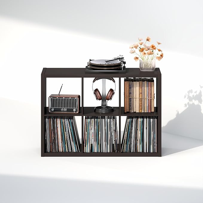 Furinno Cubicle Record Player Stand with Vinyl Storage, 6-Cube 1.2 Extra Thick Vinyl Record Storage, Open Back Media Shelf for CD DVD Blueray Game Disc, for Living Room, Home Office, Black Dark Oak