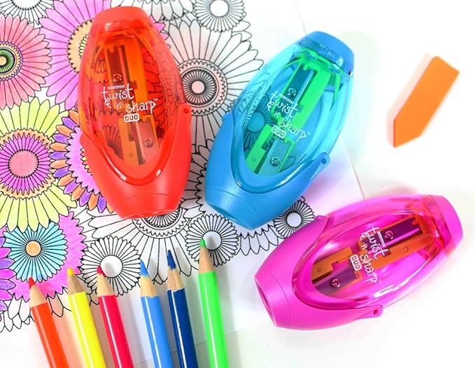 Bostitch Office Twist-N-Sharp Manual Pencil Sharpener, 2 Holes for Standard and Jumbo Pencils with Ratchet Technology, 1 Sharpener Random Color