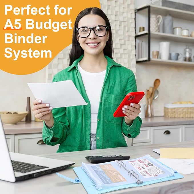 Antner 20pcs A5 Binder Pockets 6-Hole Budget Planner Inserts Cash Stuffing Envelopes for Money Organizer, White Zipper Pouch Folders Waterproof PVC Loose Leaf Filling Bags for A5 6-Ring Savings Binder
