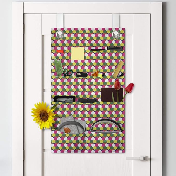 Ambesonne Abstract Hanging Pocket Organizer, Pattern of Mini Hexagons in Various Spring Tones, Printed Polyester Storage Bag with Pockets, 21" x 31", Multicolor