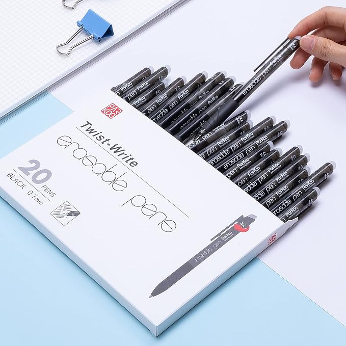 ParKoo Retractable Erasable Gel Pens, 20 Black Twist Pens, Fine Point 0.7 mm, Make Mistakes Disappear, Smooth Writing with Comfortable Grip for Journaling Drawing, Note-Taking