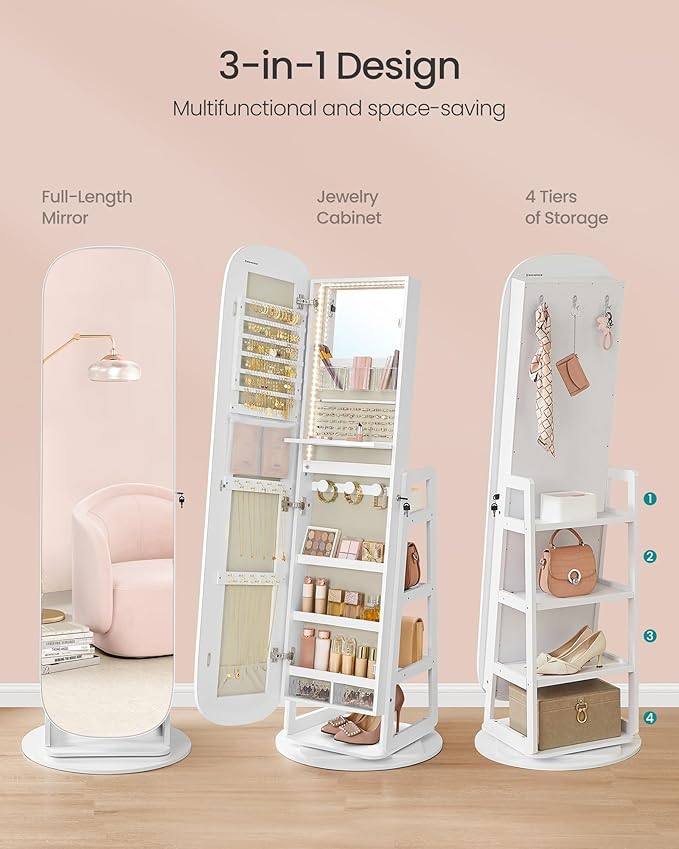 SONGMICS LED Jewelry Cabinet, 360° Swivel Jewelry Organizer, Lockable Mirror Jewelry Cabinet Standing, Rounded Wide Full-Length Mirror with Storage Shelves, Interior Mirror, Cloud White UJJC036W01