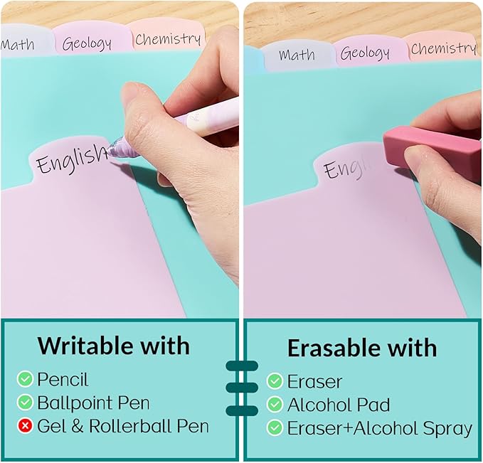 Sooez 8 Tabs Long-Lasting Plastic Write & Erase Large Tabs Dividers for 3 Ring Binder, Aesthetic Cute Pastels Binder Dividers for Student, Teacher, Office, Home Organizers, 6 Sets, Pastels Color