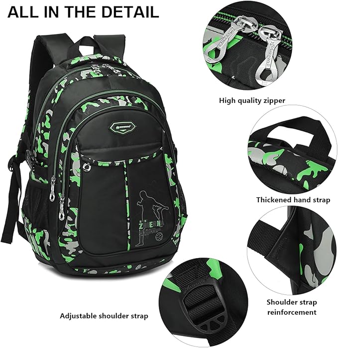 goldwheat School Backpack for Boys Cool Camouflage Bookbags with Lunch Box Pencil Case 3pcs for Middle School, Green