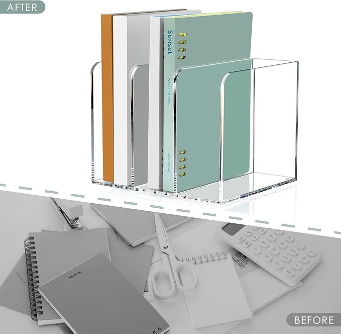 SANRUI Acrylic Magazine Holder Desk Organizer Workspace Sorters,Clear Bookend File Sorter Holder,Folder Rack, Office Accessories Organization Storage with 3 Vertical Compartments