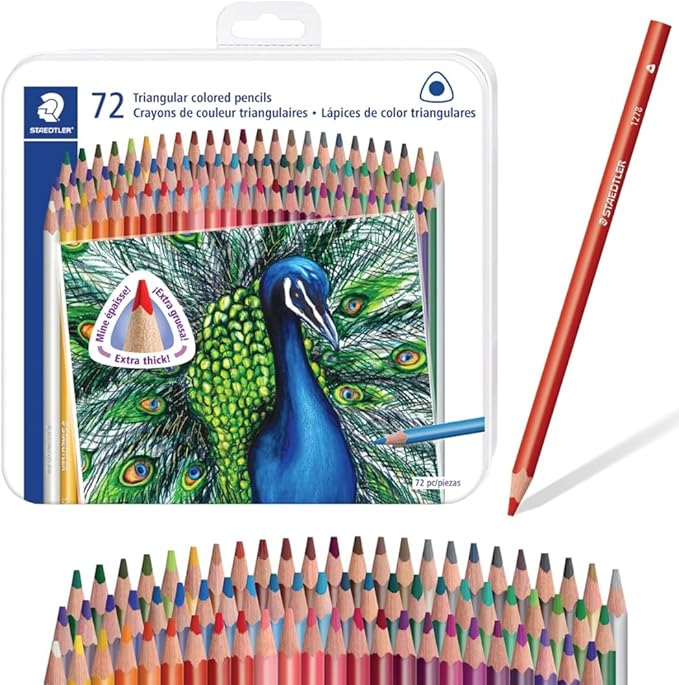STAEDTLER Colored Pencils Set 12-Pack (12 Sets of 72 pcs) - Ergonomic Triangular Barrel, Smooth 4mm Lines, Wood - 72 Vibrant Colors in Tin, for Artists & Students, 864 Count