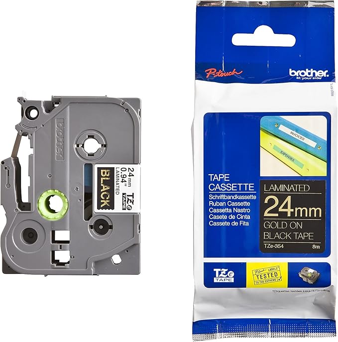Brother Genuine P-Touch TZE-354 Tape, 1" (24 mm) Standard Laminated P-Touch Tape, Gold on Black, Laminated for Indoor or Outdoor Use, Water-Resistant, 26.2 ft (8 m), Single-Pack