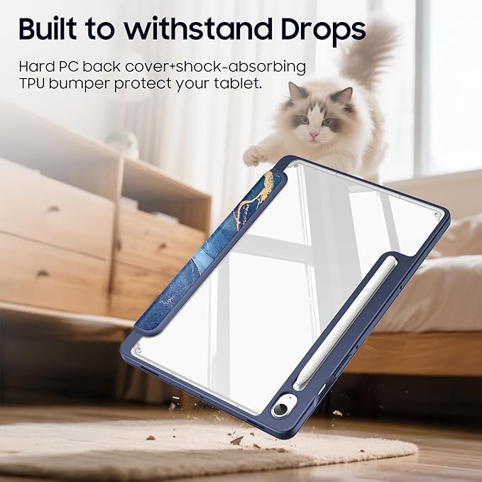 Fintie Hybrid Slim Case for Samsung Galaxy Tab S10 Lite/ S10 FE/ S9 FE 10.9 Inch/Tab S9 11 Inch with S Pen Holder, Shockproof Cover with Clear Transparent Back Shell, Auto Wake/Sleep, Ocean Marble