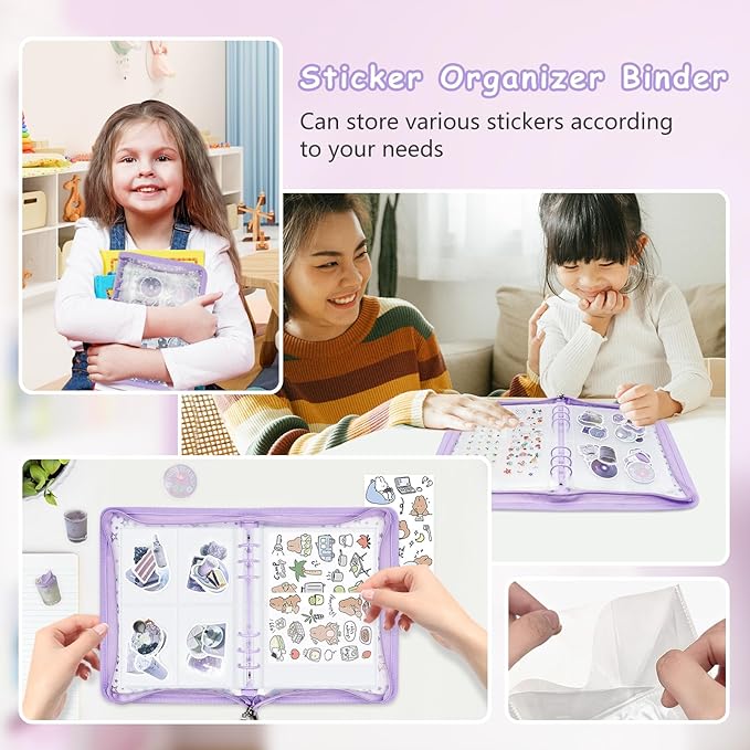 Sticker Organizer Binder - Reusable Sticker Collecting Book Storage Album Holder with Pocket Pages A5 Zipper Cover Collection Container (Purple)