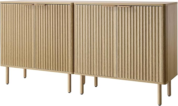 VEVOR Buffet Cabinet, Sideboard Cabinet with 2-Tier Storage, Coffee Bar Cabinet with Adjustable Shelves, Fluted Sideboard Buffet for Hallway, Entryway, Living Room, or Kitchen, Oak(2pcs)