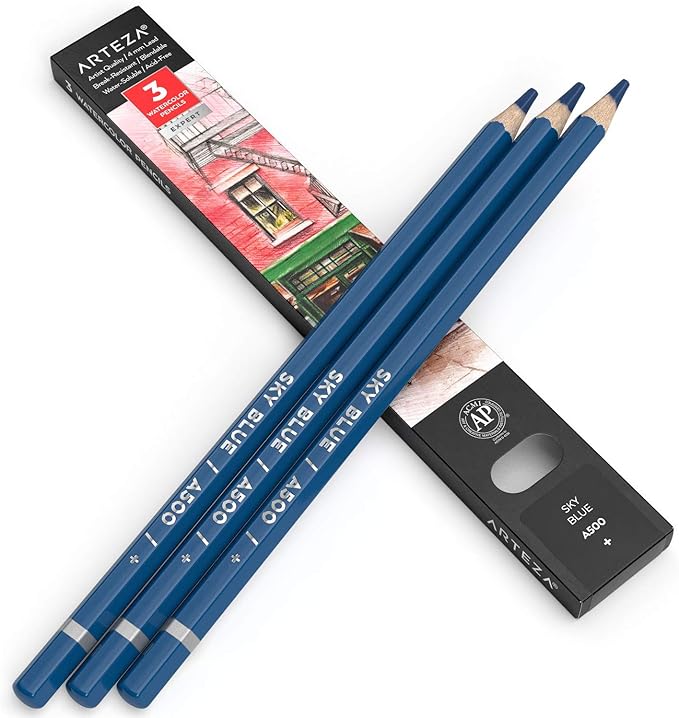 Arteza Professional Watercolor Pencils, Pack of 3, A500 Sky Blue, Water-Soluble Pencils for Coloring, Blending, Layering & Watercolor Techniques