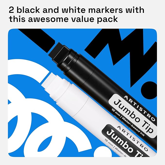 ARTISTRO 2 Black & White Acrylic Paint Markers - 15mm Jumbo-Tip Paint Pens - Perfect for Crafting, Art Projects, & More