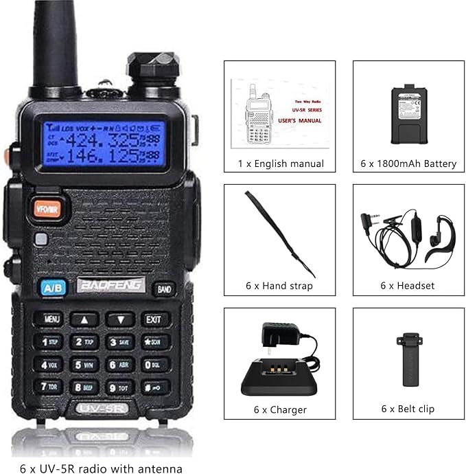 Baofeng UV-5R Dual Band Two Way Radio Handheld Ham Radio Long Range Walkie Talkies Pack of 6 for Hiking Camping Hunting Skiing Trip(Black)