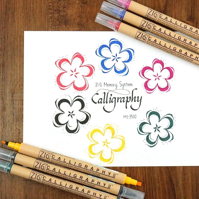 Kuretake Zig Calligraphy 2 Dual Tip Markers 6 Colors Set, 2mm, 3.5mm, Square Tips, Photo-Safe, for Beginners, Made in Japan