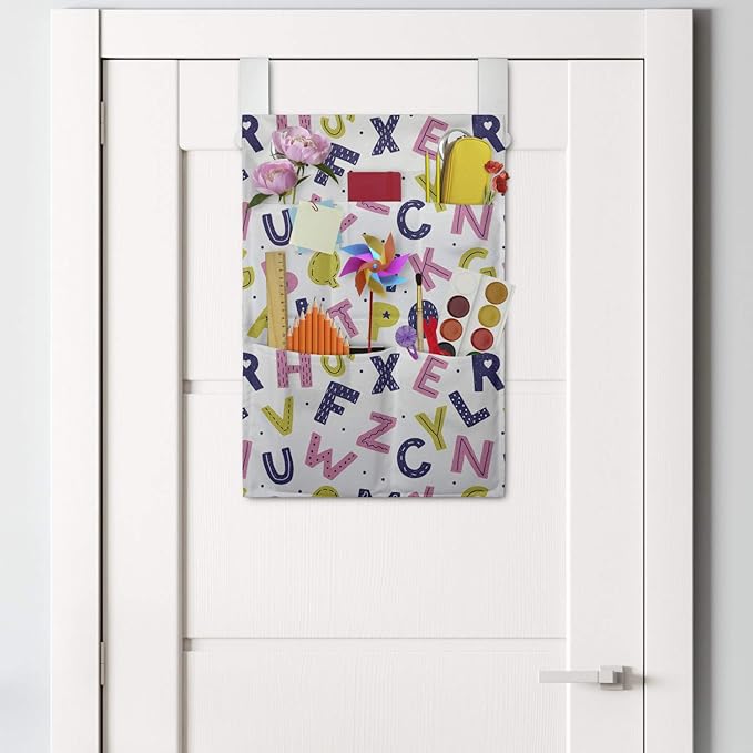 Ambesonne Alphabet Hanging Pocket Organizer, Geometric with Hearts Stars and Mini Polka Dots, Printed Polyester Storage Bag with Pockets, 14" x 20", Yellow Green Pastel Pink
