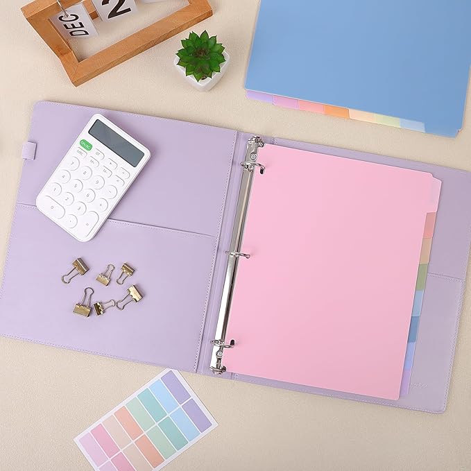 SKYDUE Durable Plastic 8-Tab Dividers, 3sets, Big Tab Dividers for 3 Ring Binder, Write&Erase 3 Ring Binder Dividers with Tabs,with Sticker Labels, Pink
