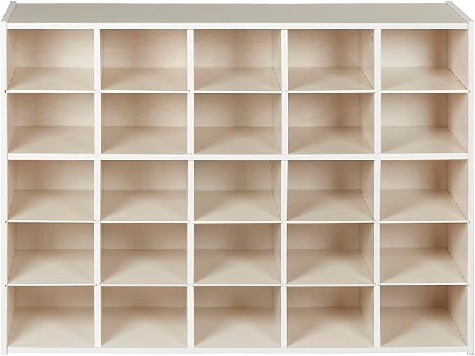 ECR4Kids Streamline 25 Cubby Tray Storage Cabinet, 5x5, Classroom Furniture, White Wash