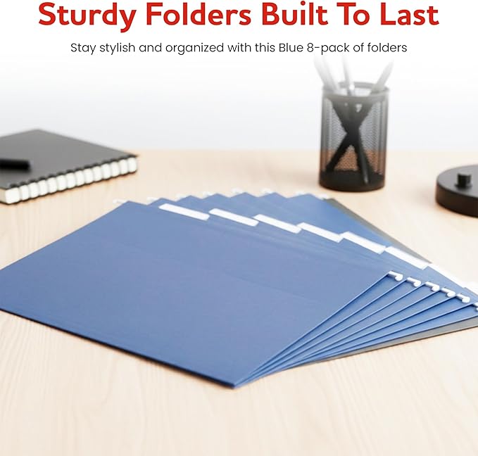 Blue Hanging File Folders – 8 Pack, Letter Size File Organization Folders for Home, Office, School & Filing Cabinets