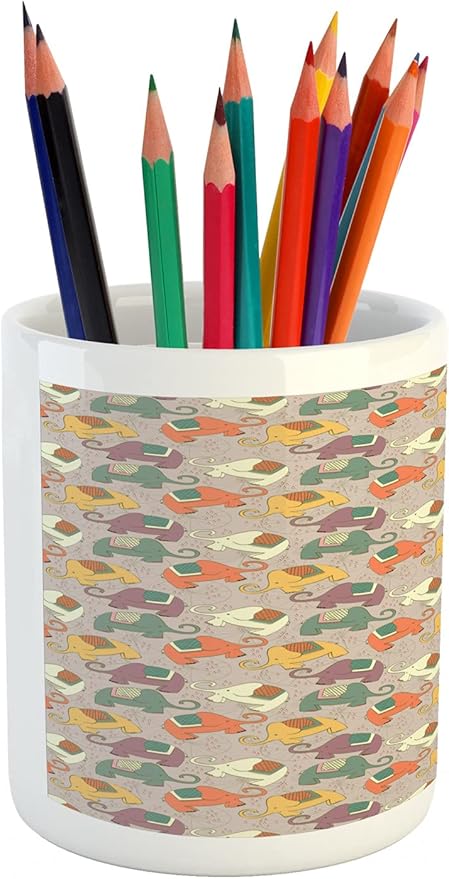 Ambesonne Elephant Pencil Pen Holder, Hand Drawn Style Animal Characters with Bicycle Wheels Background, Ceramic Pencil Holder for Desk Office Accessory, 3.6" X 3.2", Multicolor