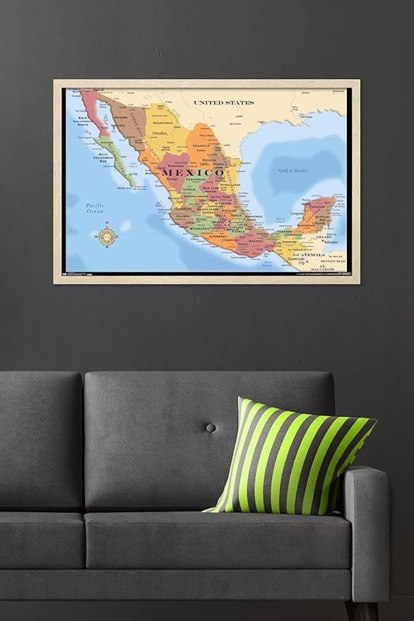 Map - Mexico Wall Poster, 34L" x 22.4W", Blonde Framed Version