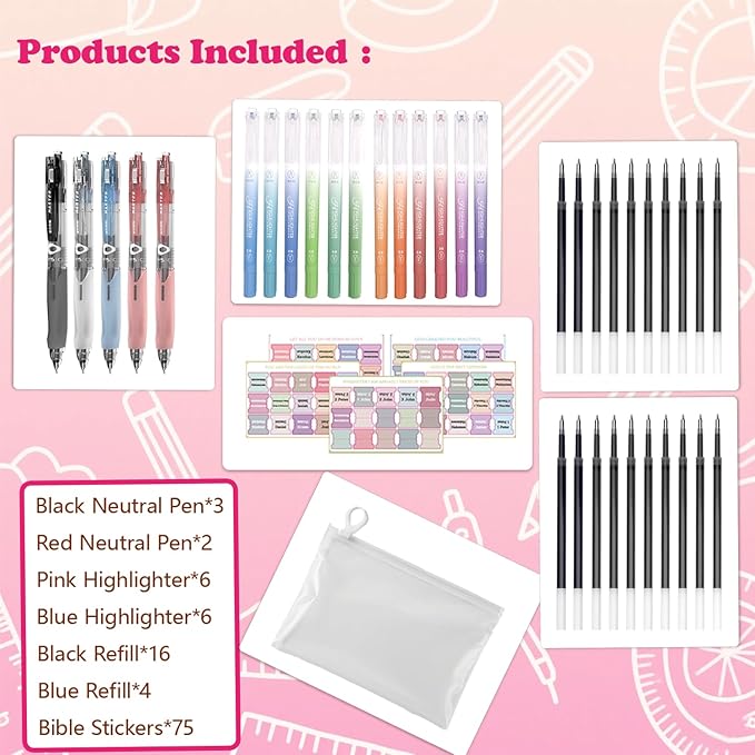 CHANGLi Bible Study Gel Pen Set with Highlighters-3 Black 2 Red Gel Pens, 6 Dual-Tip Pastel Highlighters, 75 Bible Index Tabs&10 Refills-No Bleed, Smooth Writing-Perfect Christian Gift for Journaling