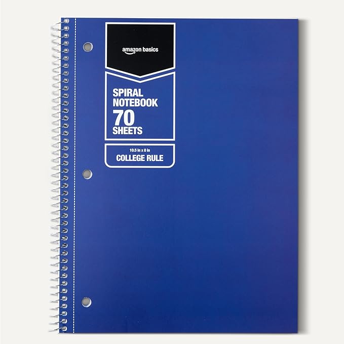 Amazon Basics College Ruled Spiral Notebook, For Work and School, 70 Sheets, 8" x 10.5", Assorted Solid Colors, 5 pack