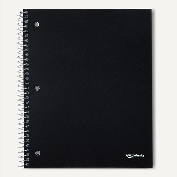 Amazon Basics Wide-Ruled Spiral Notebook with Pocket Divider, Poly Cover, For Work and School, 100 Sheets, 8.5" x 10.5", Assorted Primary Colors, 3-Pack