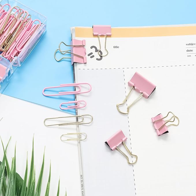 Paper Clips Binder Clips Combo Set, Assorted Size, 155 Pcs, Office Supplies Set for Office, School and Home(Pink)