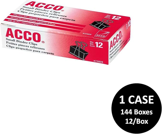 ACCO Binder Clips, Small, 1 Case, 144 Boxes/Case, 12 Clips/Box (A7072020CS)