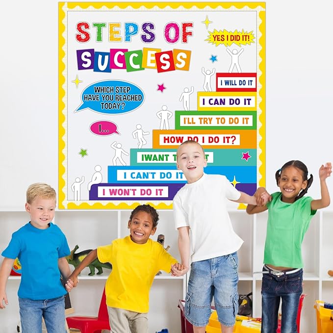 Motivational Bulletin Board Decoration Set Positive Classroom Decor Steps of Success Paper Cutouts Educational Sayings Accents for Back to School Elementary Home Wall Door Supplies