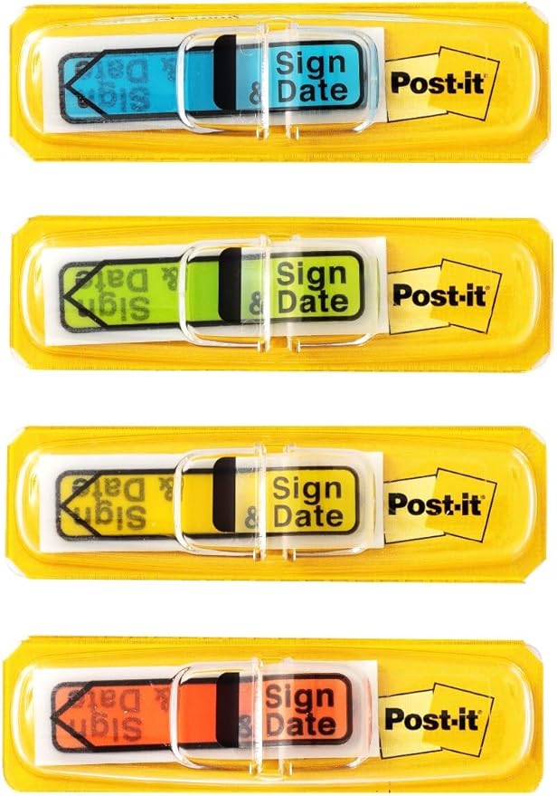 Post-it Message Flags, Sign and Date, 30/Dispenser, 4 Dispensers/Pack, .47 in Wide, Assorted Colors (684-SD)