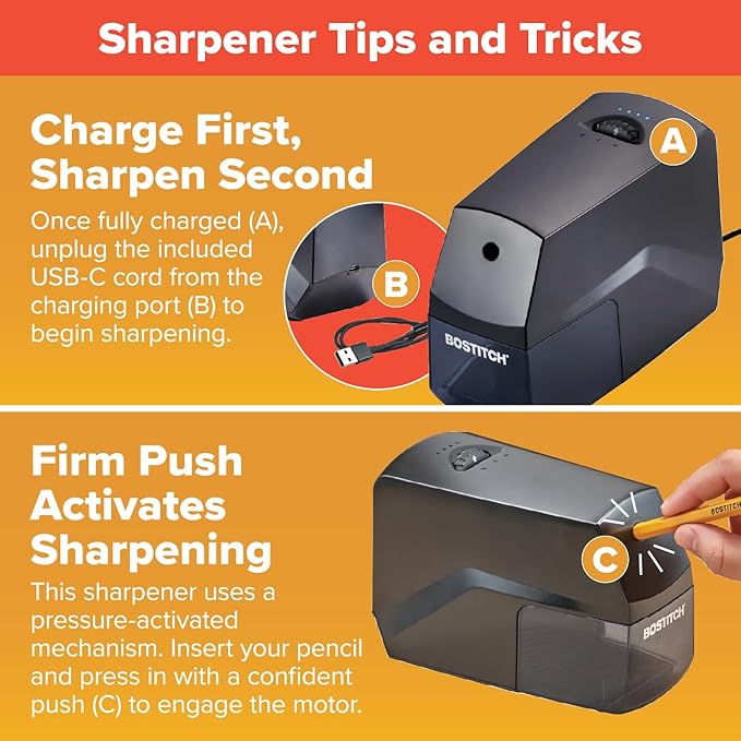 Bostitch Portable Rechargeable Battery Vertical Pencil Sharpener Helical Blade for No.2/Colored Pencils, Black