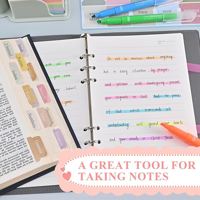7-ackz Bible Highlighters Assorted Colors with Verses, 75 Tabs, Chisel Tip, Bulk Fluorescent, Dry Quick Bright Colors, Perfect for Bible Study Journaling, 6 Candy Color 30 Pack
