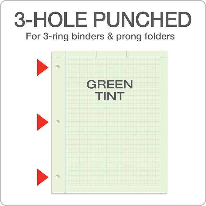 Tops Engineering Notebooks,Graph Notebooks,Quad Ruled Pad,8-1/2" x 11",Glue, 5 x 5 Graph Rule on Back,Green Tint Paper,3-Hole Punched,100 Sheets per Pad (35507A),(Pack of 36)