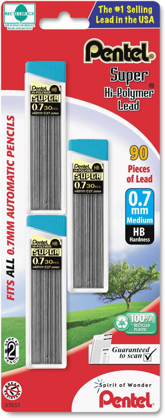 Pentel C27BPHB3K6 Super Hi-Polymer Lead Refills, 0.7mm, HB, Black, 30/Tube, 3 Tubes/Pack
