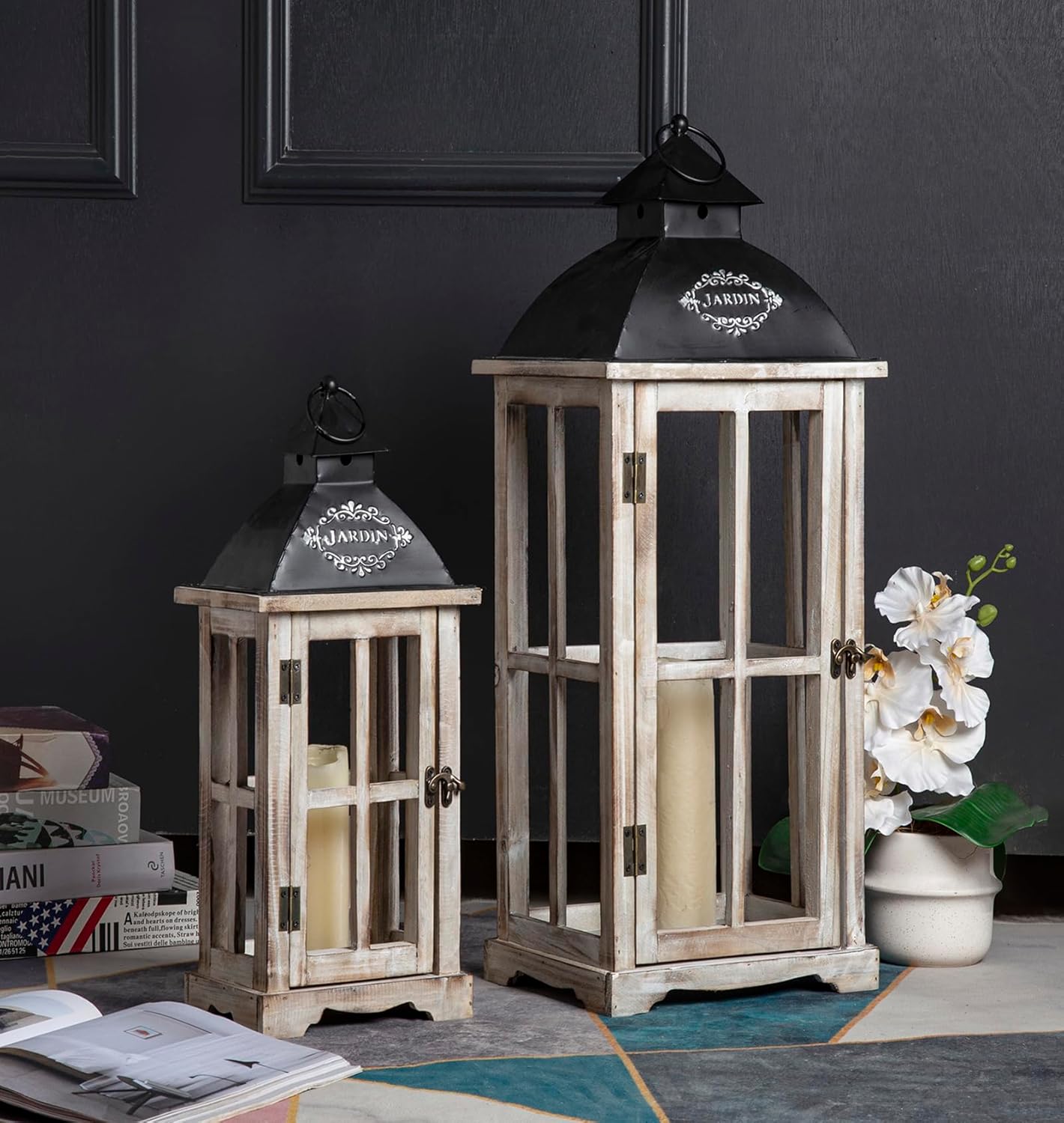 Set of 2 Large Decorative Wooden Metal Lanterns, Farmhouse Rustic Floor Candle Lanterns, Indoor/Outdoor Hanging Lanterns for Home Decor (No Glass)