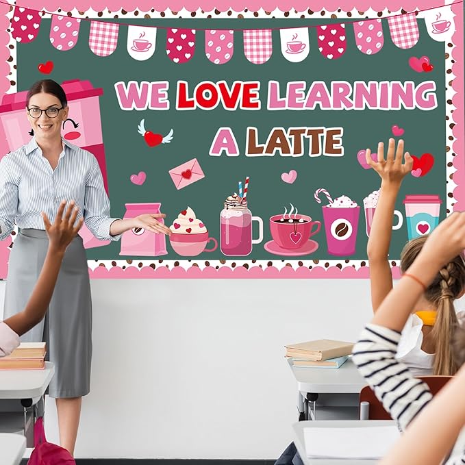Valentine's Day Coffee Bulletin Board Set Valentines Coffee Cup Classroom Decorations Pink Red Heart Paper Cutouts Valentine's Day Bulletin Board for School Classroom Office Wall Door Decor Supplies