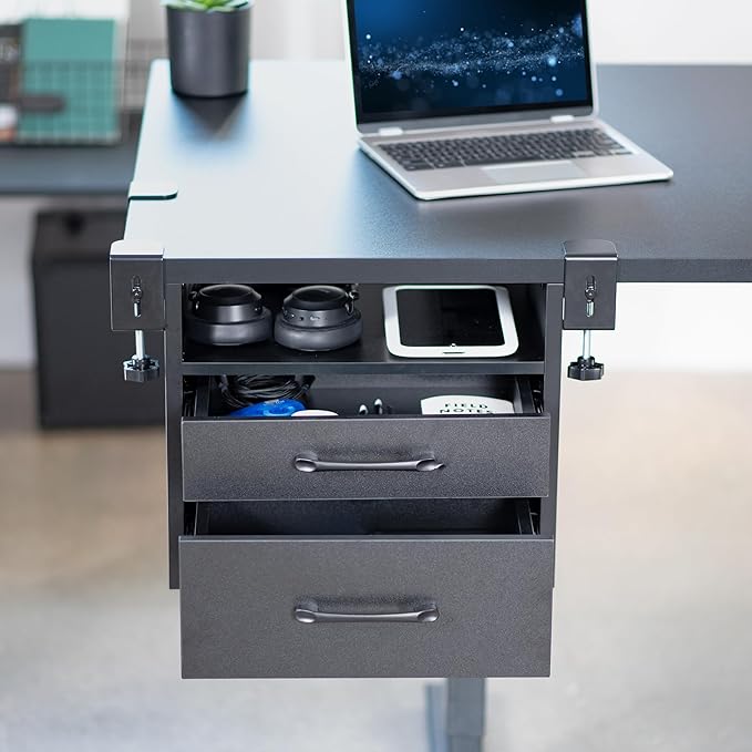 VIVO Corner Clamp-on Under Desk Drawer and Shelf System, Office Accessory Holder for Supplies, Gaming Devices, and More, Multi-Level Storage, Workstation Organizer, Black