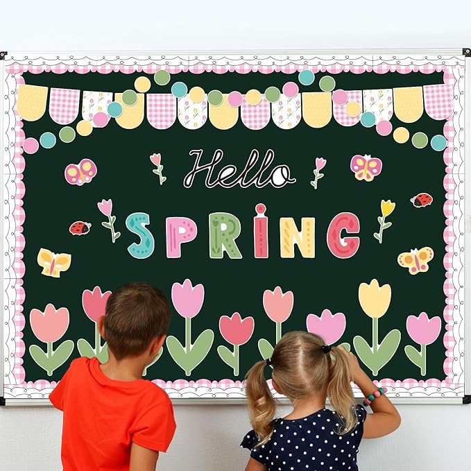Hello Spring Bulletin Board Decorations Tulip Cutouts Pink Floral Bulletin Board Set Spring Classroom Decor for School Classroom Office Chalkboard Wall Door Window Party Supplies
