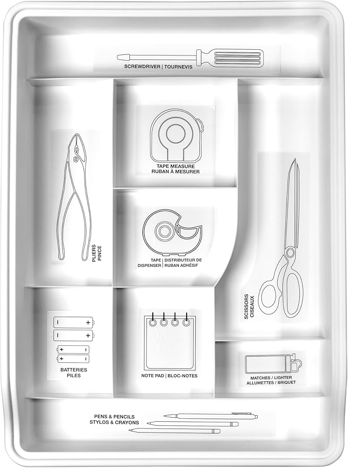 madesmart 24-Compartment Junk Drawer Organizer with Sliding Top Tray, Multi-Purpose Storage for Kitchen, Office & Bathroom Drawers, White