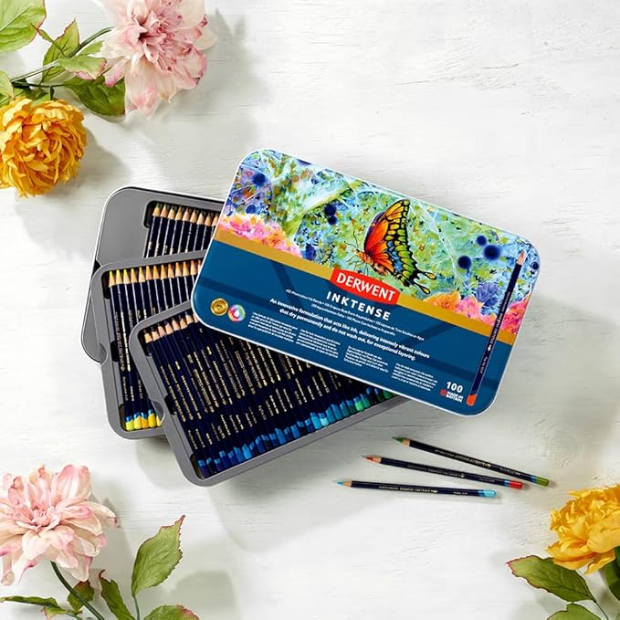 Derwent Inktense Pencils Art Set, 100 Permanent Watercolor Pencils Set in Tin, Premium Colored Pencils for Adults, Water-Soluble Indelible Pencil Collection, 4mm Core, Professional Quality (2306130)
