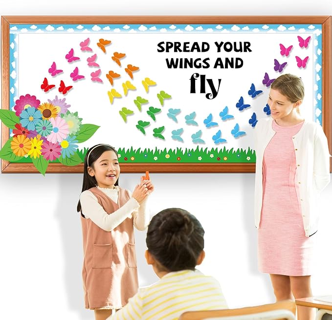 Spring Butterfly Flower Bulletin Board Set Spread Your Wings and Fly Classroom Bulletin Board Decors Colorful 3D Butterflies Name Tags for Back to School Office Home Chalkboard Wall Door Supplies