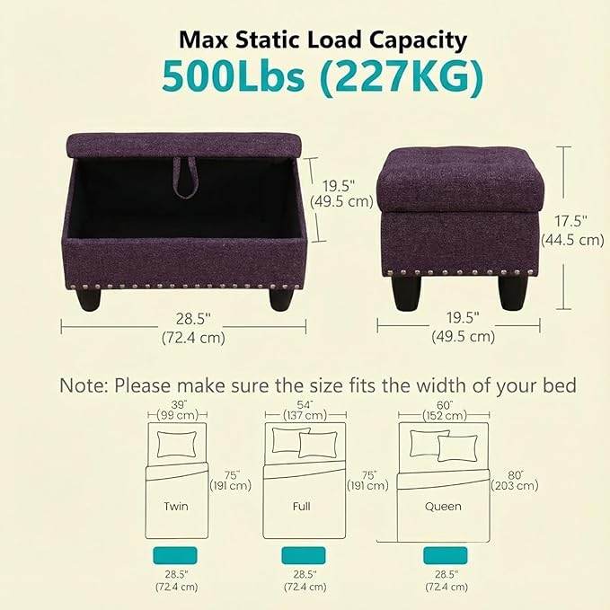 Simple Deluxe Ottoman with Storage Bench Chair, 28.5" L x 19.5" W x 17.5" H Foot Rest Stools with Non-Woven Fabric,Ottoman Storage Chest Box with Padded Seat for Bedroom, Living Room, Entryway,Purple